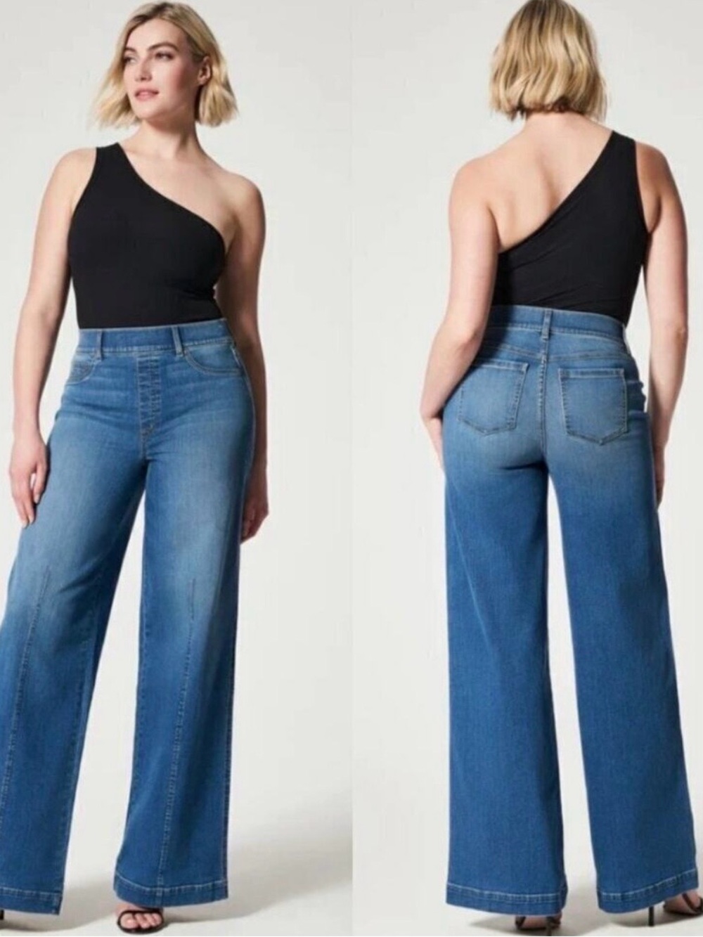 Spanx Seamed Front High Rise Wide Leg Blue Denim Jeans XL 34 x 28 * altered *